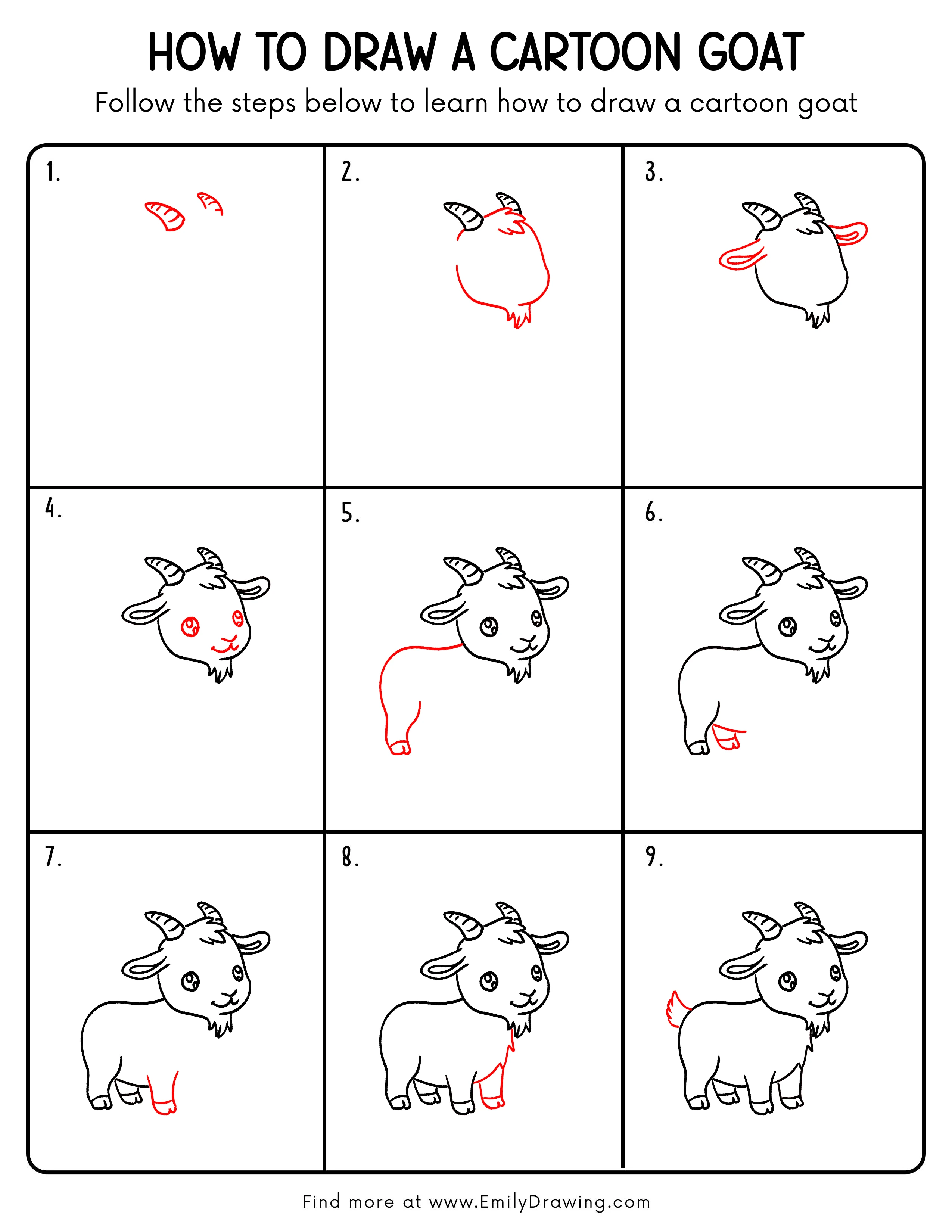 Printable Cartoon Goat Drawing Guide